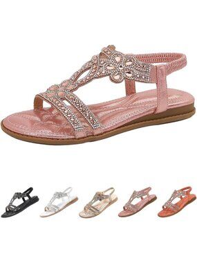 Stylish Open Toe Bling Rhinestones Flat Sandals for Women - Dressy Summer